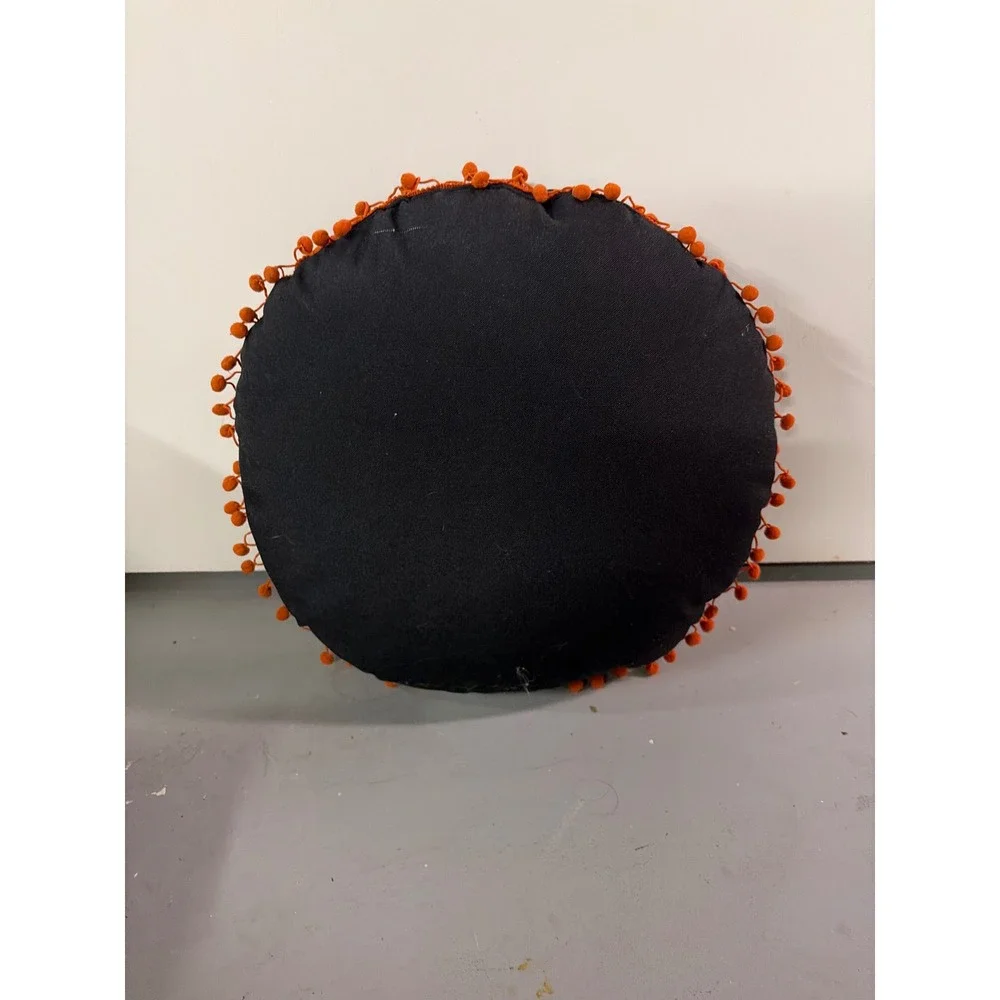 Halloween Boo Round Throw Pillow Black Orange Rhinestone Pom Pom Trim 15 Inch